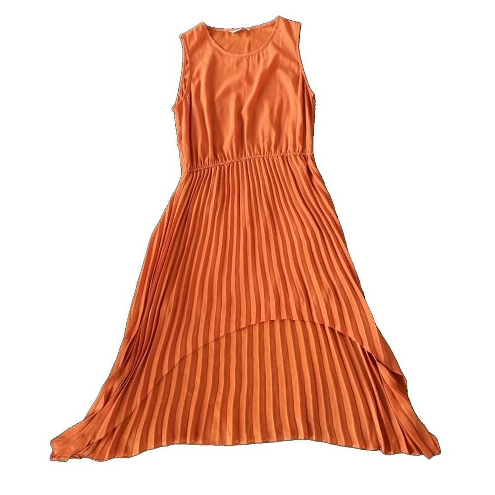 BB Dakota Women's Orange Solid Pleated A-Line Midi Dress L Sleeveless Round